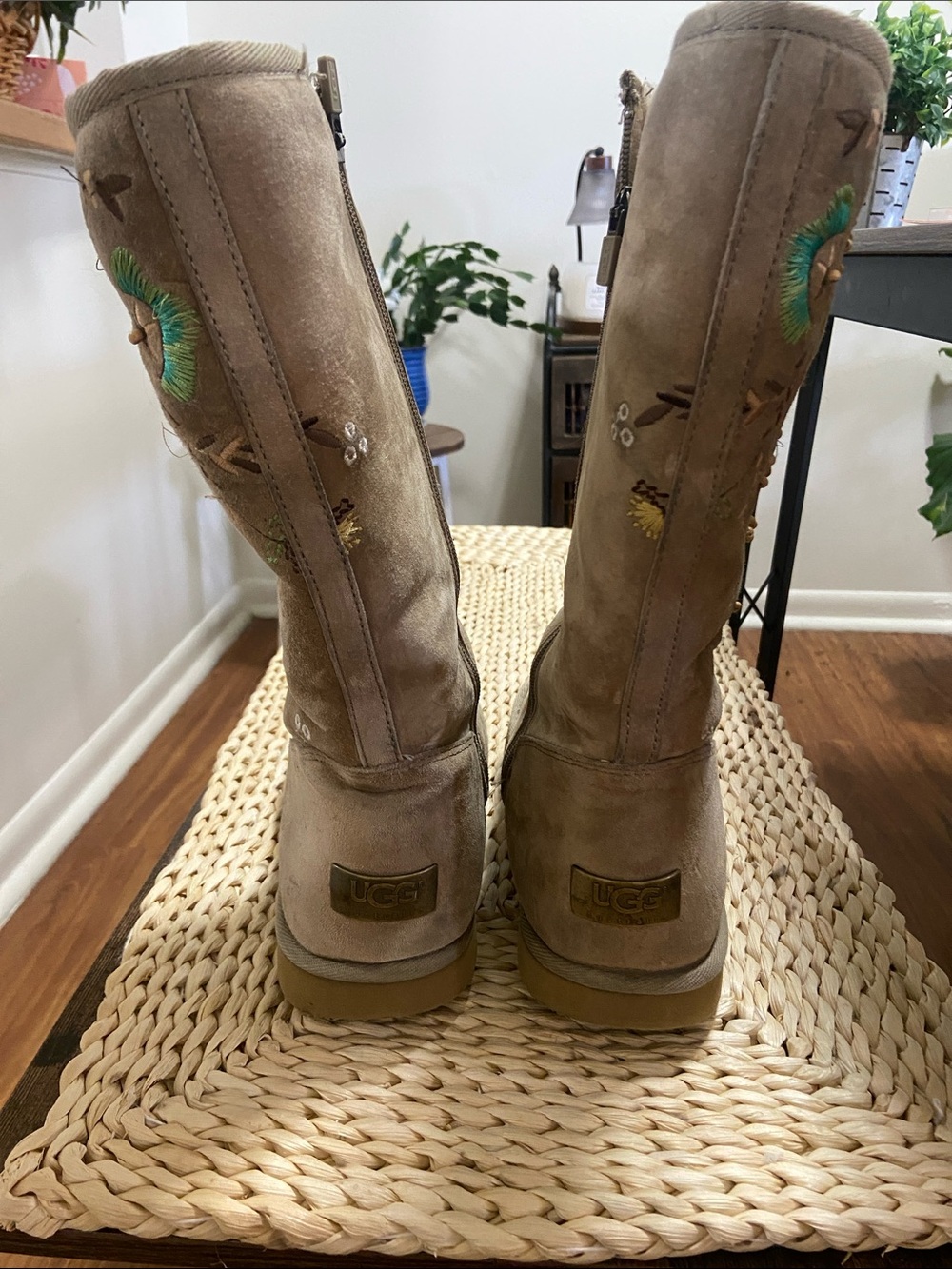 UGG Tall Suede Embroidered Boots in Chestnut with Green Accents